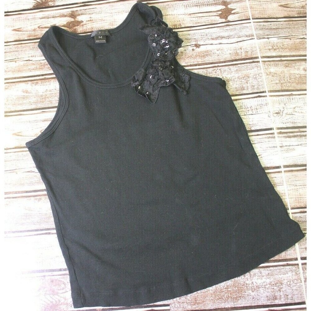 LAPIS Womens size M PRETTY Black Stretch TANK TOP WITH LACE FLOWERS ON FRONT COT